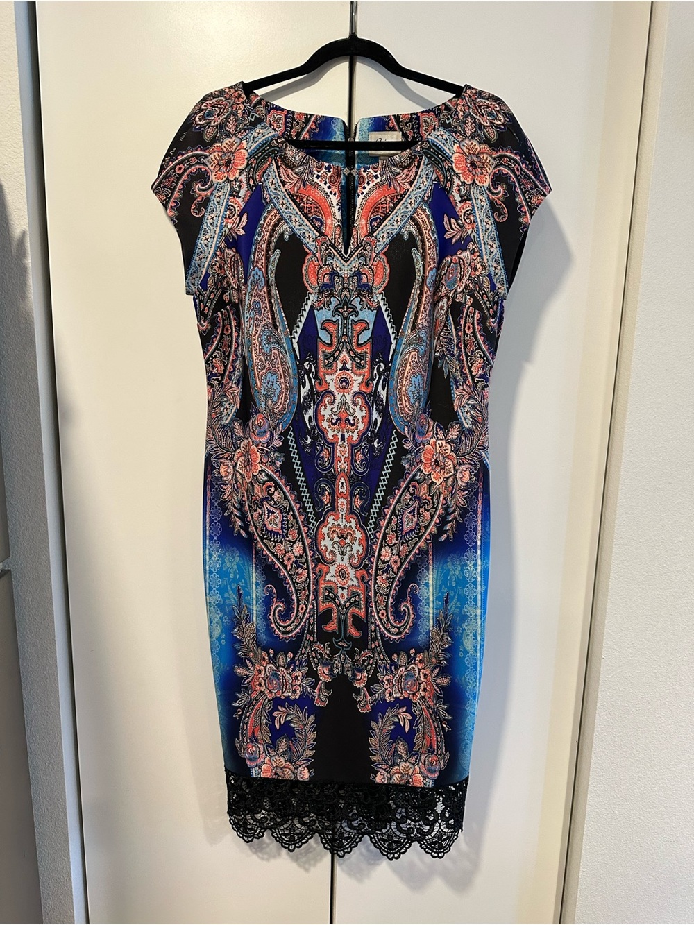 Beige by eci Blue and Black Paisley Lace-Trim Sheath Dress bodycon